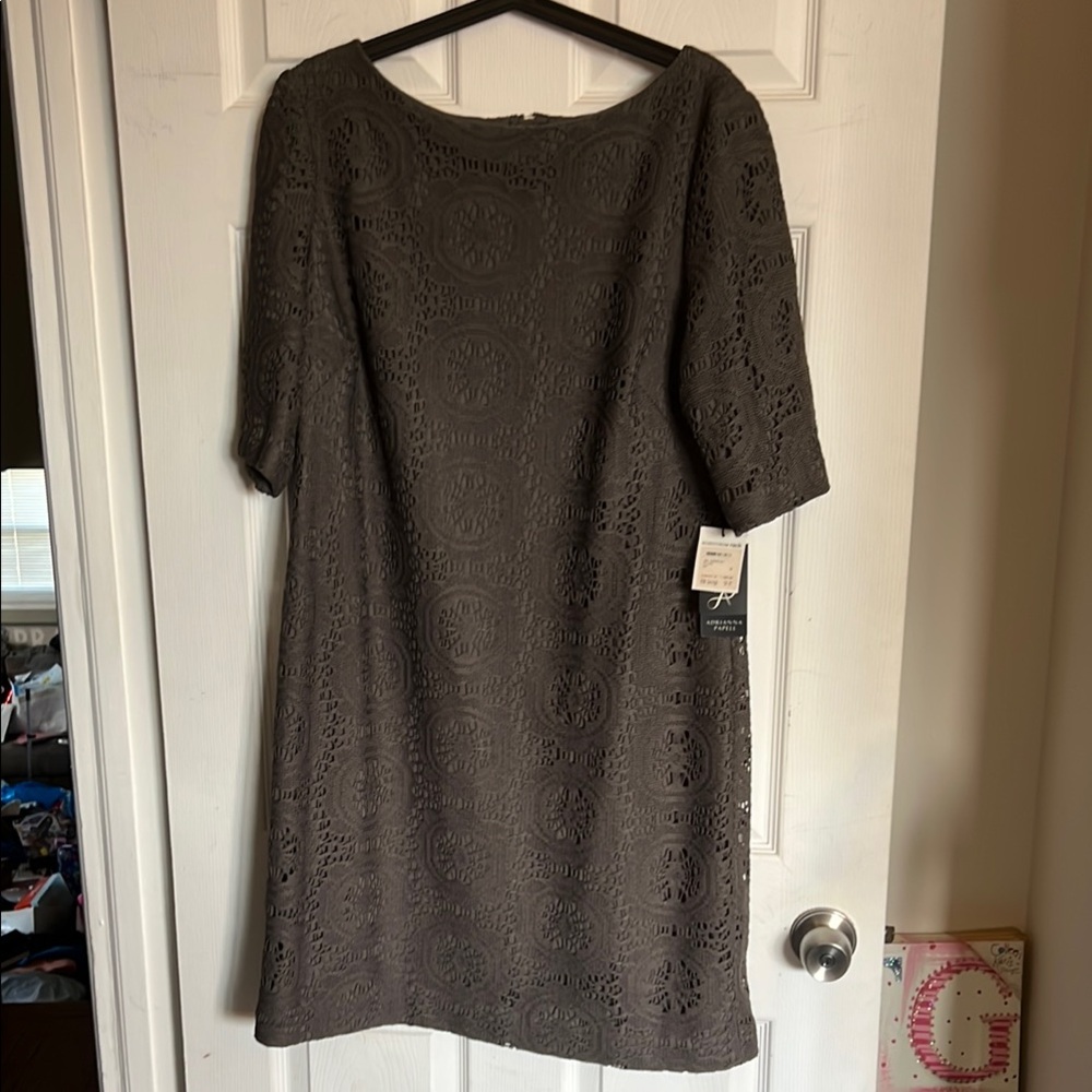 Gray Midi Sheath Dress with 3/4 Sleeves and Bateau Neckline